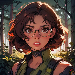 score_7_up, score_8_up, score_9, high quality, high detail, high resolution, masterpiece, illustration, cell shaded art, (latin american, Latina face, (1girl)), tan skin, dark brown ((curly)) shoulder length hair, glasses, (sci-fi contract mercenary, modern Military setting), detailed dark forest background, soft light, mid shot, fine details, vibrant colors, exquisite lighting and composition, 8k, comic cartoon