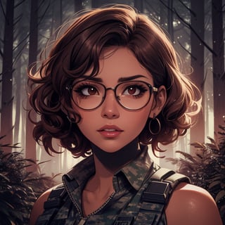 score_7_up, score_8_up, score_9, high quality, high detail, high resolution, masterpiece, illustration, cell shaded art, (latin american, Latina face, (1girl)), tan skin, dark brown ((curly)) shoulder length hair, glasses, (sci-fi contract mercenary, modern Military setting), detailed dark forest background, soft light, mid shot, fine details, vibrant colors, exquisite lighting and composition, 8k, comic cartoon