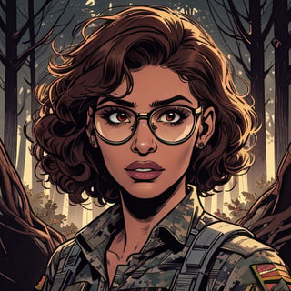 score_7_up, score_8_up, score_9, high quality, high detail, high resolution, masterpiece, illustration, cell shaded art, (latin american, Latina face, (1girl)), tan skin, dark brown ((curly)) shoulder length hair, glasses, (sci-fi contract mercenary, modern Military setting), detailed dark forest background, soft light, mid shot, fine details, vibrant colors, exquisite lighting and composition, 8k, comic cartoon