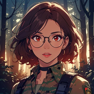 score_7_up, score_8_up, score_9, high quality, high detail, high resolution, masterpiece, illustration, cell shaded art, (latin american, Latina face, (1girl)), tan skin, dark brown ((curly)) shoulder length hair, glasses, (sci-fi contract mercenary, modern Military setting), detailed dark forest background, soft light, mid shot, fine details, vibrant colors, exquisite lighting and composition, 8k, comic cartoon