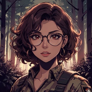 score_7_up, score_8_up, score_9, high quality, high detail, high resolution, masterpiece, illustration, cell shaded art, (latin american, Latina face, (1girl)), tan skin, dark brown ((curly)) shoulder length hair, glasses, (sci-fi contract mercenary, modern Military setting), detailed dark forest background, soft light, mid shot, fine details, vibrant colors, exquisite lighting and composition, 8k, comic cartoon