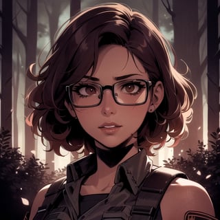 score_7_up, score_8_up, score_9, high quality, high detail, high resolution, masterpiece, illustration, cell shaded art, (latin american, Latina face, (1girl)), tan skin, dark brown ((curly)) shoulder length hair, glasses, (sci-fi contract mercenary, modern Military setting), detailed dark forest background, soft light, mid shot, fine details, vibrant colors, exquisite lighting and composition, 8k, comic cartoon