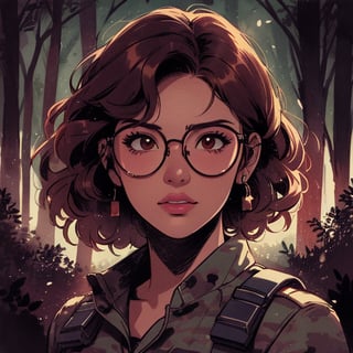 score_7_up, score_8_up, score_9, high quality, high detail, high resolution, masterpiece, illustration, cell shaded art, (latin american, Latina face, (1girl)), tan skin, dark brown ((curly)) shoulder length hair, glasses, (sci-fi contract mercenary, modern Military setting), detailed dark forest background, soft light, mid shot, fine details, vibrant colors, exquisite lighting and composition, 8k, comic cartoon