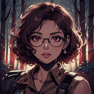 score_7_up, score_8_up, score_9, high quality, high detail, high resolution, masterpiece, illustration, cell shaded art, (latin american, Latina face, (1girl)), tan skin, dark brown ((curly)) shoulder length hair, glasses, (sci-fi contract mercenary, modern Military setting), detailed dark forest background, soft light, mid shot, fine details, vibrant colors, exquisite lighting and composition, 8k, comic cartoon