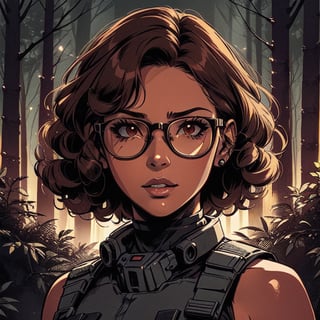 score_7_up, score_8_up, score_9, high quality, high detail, high resolution, masterpiece, illustration, cell shaded art, (latin american, Latina face, (1girl)), tan skin, dark brown ((curly)) shoulder length hair, glasses, (sci-fi contract mercenary, modern Military setting), detailed dark forest background, soft light, mid shot, fine details, vibrant colors, exquisite lighting and composition, 8k, comic cartoon