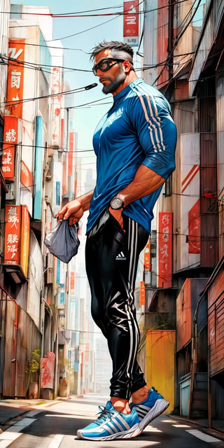 4k,best quality,masterpiece, bearded man huge muscular hot walking in the streets of sunned tokyo suburban,lower angle,upper angle,dynamic shot,adidas sneakers,fitted black latex pants, goggles,niji