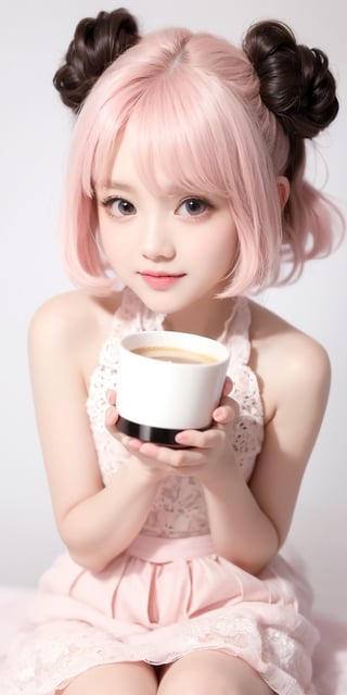 1girl, light PINK hair,BLACK eyes, long hair, cute dress, elegant bun hairstyle, tender gaze, warmly facial expression, white background, holding a coffee cup,  sitting. ((Chibi character)),perfect light,Beauty,Korean