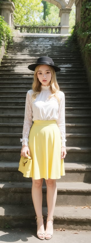 masterpiece,illustration,ray tracing,finely detailed,best detailed,Clear picture,intricate details,highlight,
gothic architecture,
looking at viewer,

nature,gothic architecture,bird,the lakeside in the heart of the forest,the staircase of the balcony,
1girl,long hair,hat,light blonde hair,
yellow bow,yellow bag,skirt,upper body,,perfect light,Korean,idol