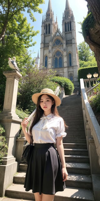 masterpiece,illustration,ray tracing,finely detailed,best detailed,Clear picture,intricate details,highlight,
gothic architecture,
looking at viewer,

nature,gothic architecture,bird,the lakeside in the heart of the forest,the staircase of the balcony,
1girl,long hair,hat,light blonde hair,
yellow bow,yellow bag,skirt,upper body,,perfect light,lady