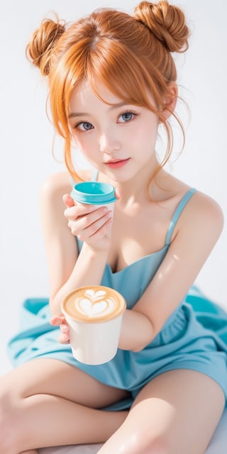 1girl, light orange hair, blue eyes, long hair, cute dress, elegant bun hairstyle, tender gaze, warmly facial expression, white background, holding a coffee cup, she’s a noblewoman. she is sitting. ((Chibi character)),Korean,Japanese,perfect light