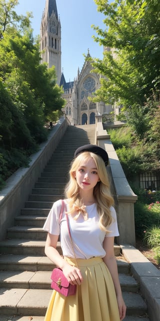 masterpiece,illustration,ray tracing,finely detailed,best detailed,Clear picture,intricate details,highlight,
gothic architecture,
looking at viewer,

nature,gothic architecture,bird,the lakeside in the heart of the forest,the staircase of the balcony,
1girl,long hair,hat,light blonde hair,
yellow bow,yellow bag,skirt,upper body,,perfect light,Beauty,Korean