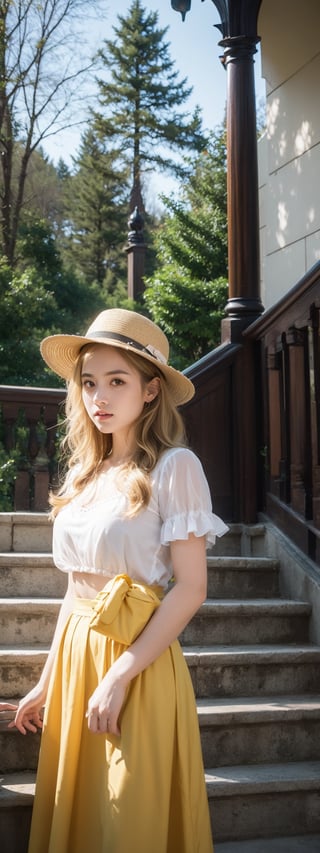 masterpiece,illustration,ray tracing,finely detailed,best detailed,Clear picture,intricate details,highlight,
gothic architecture,
looking at viewer,

nature,gothic architecture,bird,the lakeside in the heart of the forest,the staircase of the balcony,
1girl,long hair,hat,light blonde hair,
yellow bow,yellow bag,skirt,upper body,,perfect light,lady,beauty