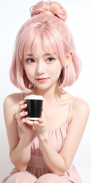 1girl, light PINK hair,BLACK eyes, long hair, cute dress, elegant bun hairstyle, tender gaze, warmly facial expression, white background, holding a coffee cup,  sitting. ((Chibi character)), Korean,Japanese,perfect light