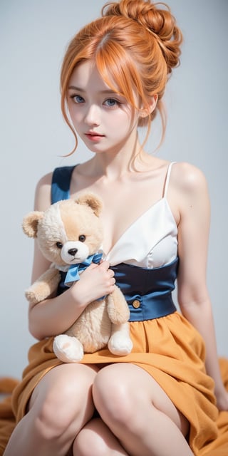 1girl, light orange hair, blue eyes, long hair, cute dress, elegant bun hairstyle, tender gaze, warmly facial expression, white background, holding a BEAR DOLL, she’s a noblewoman. she is sitting. ((Chibi character)),perfect light,beauty,Beauty