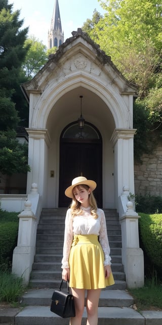 masterpiece,illustration,ray tracing,finely detailed,best detailed,Clear picture,intricate details,highlight,
anime,
gothic architecture,
looking at viewer,

nature,gothic architecture,bird,the lakeside in the heart of the forest,the staircase of the balcony,

NikkeRei,
1girl,loli,baby,long hair,hat,light blonde hair,
yellow bow,yellow bag,skirt,upper body,,perfect light,Beauty,Korean