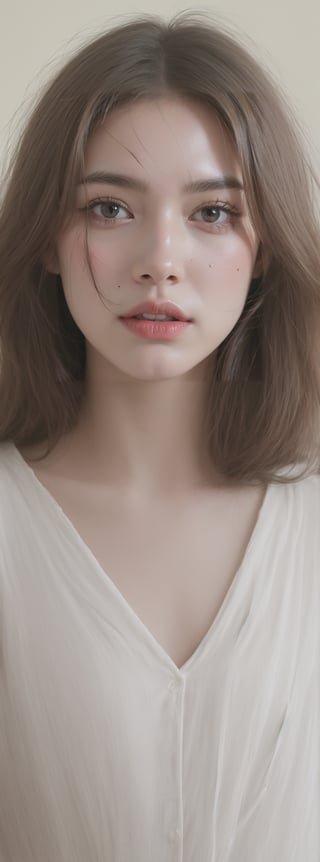 a beautiful girl 18 years, with silver short hair, messy hair, red lipstic, full lips, alluring, portrait by Charles Miano, pastel drawing, illustrative art, soft lighting, detailed, more Flowing rhythm, elegant, low contrast, add soft blur with thin line,Korean,Japanese,perfect light