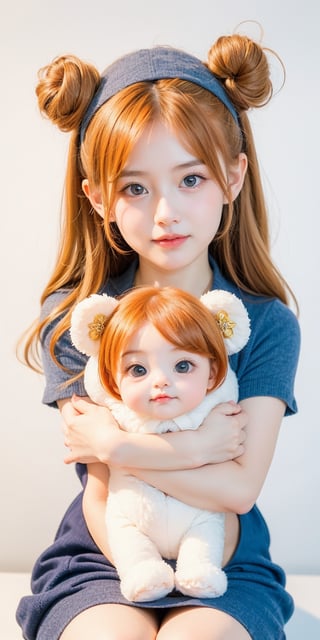 1girl, light orange hair, blue eyes, long hair, cute dress, elegant bun hairstyle, tender gaze, warmly facial expression, white background, holding a BEAR DOLL, she’s a noblewoman. she is sitting. ((Chibi character)),Korean,Japanese,perfect light