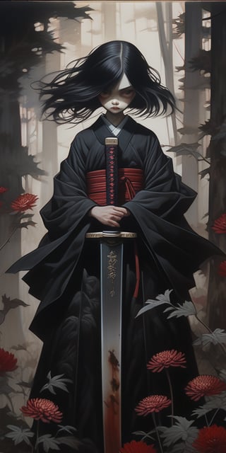 (ethereal dark fairy tale by Nicola Samori, JC Leyendecker), young anime girl standing thé ground in a dark forest holding a bloody katana with the tip pointing up, dark red kimono, chrysanthemum floral décoration, (dark + gothic, + foreboding background:1.4), more detail XL