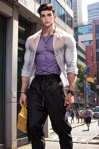 A boy faces the camera head-on, with thick eyebrows, large purple-brown eyes (eyelashes are very long and dense), and healthy wheat-colored skin. (See through) He has chest muscles, his hair color is purple and black (Change) His body proportion is 1:8, his clothes were changed to a white T-shirt and camouflage trousers. He tied a black jacket around his waist and wore basketball shoes. He is 183 cm tall and weighs 75 kg. He danced hip-hop in front of the 101 Building Square. The background is a distant view, the depth of field of the 101 Building in Taipei City (far view).
