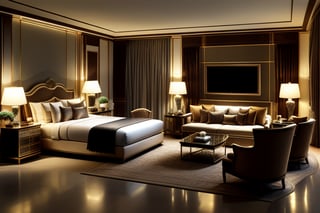 A luxurious indoor design scene featuring a grand room with elegant furniture. Include a plush bed with bedside tables, a comfortable sofa adorned with decorative pillows, a stylish lamp, lush potted plants, a large flat-screen TV, and a sophisticated tea table. The lighting should create a warm, inviting atmosphere, highlighting the rich textures and fine details of the furnishings. Composition should be balanced, capturing a serene yet opulent ambiance. High-quality, official art style, showcasing meticulous attention to detail and perfect execution.