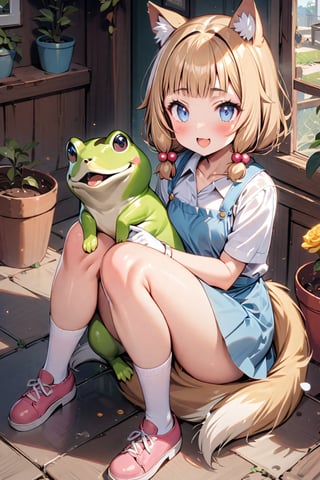 (masterpiece), sakura nene, 1girl, looking at viewer, blush, smile, short hair, open mouth, ((bangs)), blue eyes, blonde hair, brown hair, shirt, hair ornament, low twintails, , collarbone, :d, blunt bangs, hair bobbles ,

 , animal, white flower, shirt, animal ears, flower, collared shirt, , socks, , white socks, gloves, , apron,  sitting, , blush, ,tail, yellow flower, pink footwear, white shirt, animal ear fluff, , bird, kneehighs,, full body, skirt, rose, potted plant, , watering can, , shoes, blue skirt,

V-shraped eyebrows,
frog-sit, open legs,
knees away, korgi, dog between legs,
play with dog, dog looking a girl,
looking at dog, shot from front and above,

score_9,sakura nene,score_8_up,Details,mona,Detailed Masterpiece,nekomimimeganekao