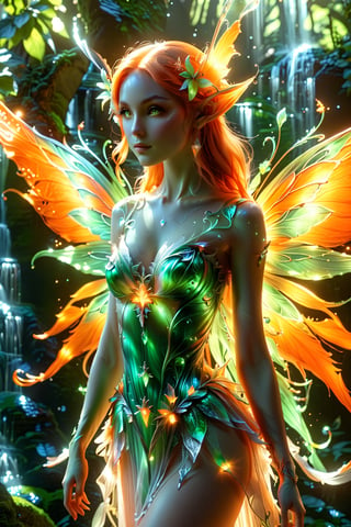 An amazing hybrid of fairy/alien/elf, fairies are extremely beautiful: the entire palette is dominated by orange. light and shadow. whole body.
An extremely beautiful masterpiece, 8K