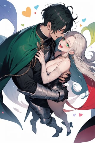 (Masterpiece, best quality, high resolution: 1.1), super-res image, male, female, couple, fantasy, official art, illustration, dynamic angle, knight, rainbow, manga, painting, mutual gaze, full body. The female has large green eyes with long, thick eyelashes. The male has large blue eyes with long and dense eyelashes. This is a story about a couple who are in love and are so sweet that they love each other to the point of being filled with anger. Every scene is full of joy and laughter.