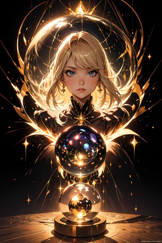 ((Masterpiece; Light and Shadow)), ultra-detailed, dramatic lighting, intricate details, female life fortune teller, (fortune teller), full body, golden eyelashes long and dense, super delicate, holding a rainbow luminous crystal ball, (Sphere approximately 20 cm in diameter), (rainbow-colored luminous crystal ball), cleavage, shiny long hair as golden as silk, hair flying due to the lightning rays emitted by the crystal ball, holding the crystal ball, chaotic reflection of the utopian scene , perfect eyes, twinkling light, central subject, detailed face, detailed eyes, crystal ball light, light and shadow
,niji,high detail