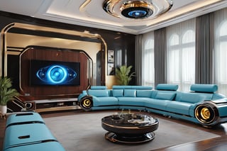 From the perspective of the 24th century, because the owner is a famaily, the titanium wire frame with light blue series frame as the main axis, the comfortable living room, enhances the sense of technology, the high-tech furniture of the 24th century, and high-tech home appliances Supplies, such as: high-tech metal robots doing cleaning, projector-type TVs, and sofas with leather cushions, but high-tech sofas and other furniture are the focus of this design. (Super futuristic) Create an immersive 32K UHD (Ultra High Definition) 3D masterpiece. The scene is rich in detail and texture, transporting the viewer into a modern temple.
