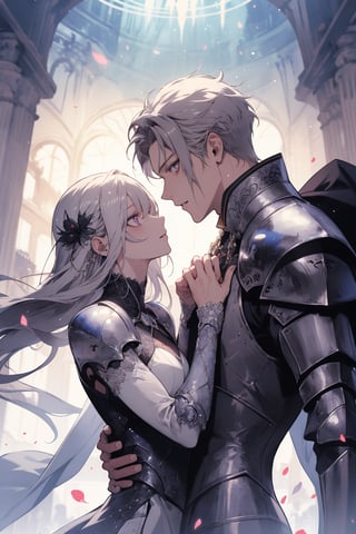 (masterpiece, best quality, highres:1.1), ultra resolution image, male, female, couple, fantasy, official_art, illust, dynamic angle, knight, niji, manga, sketch, stare each other, 