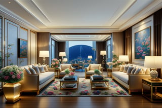 Luxurious interior design scene, the living room and the room have a transparent crystal wall as a partition, and the spacious room is equipped with elegant, high-style furniture. It includes a luxurious bed with bedside table (the bedding is made of high-grade silk), sofa, tea table, chairs, luxurious bookshelf, and out-of-print books worth tens of thousands of dollars. Paintings by ancient Chinese masters, stylish lamps, lush potted plants, large-screen plasma TVs and expensive, sophisticated coffee tables. The color system is mainly blue. The flowers grown in decorative pots change every day: they are all bright and lively, making the room appear more vibrant. Luxurious, soft lighting should create a warm, inviting atmosphere and highlight the rich textures and fine details of the furniture. Between the living room and the room, there is a staircase in the corner of the living room that leads up to the high-ceilinged upper room. Those are studios, with computers and all the equipment needed for office work. There is a bathroom downstairs and one upstairs. They are all designed to be luxurious and technological. It also has an elegant taste. . The composition should be balanced and capture a tranquil yet gorgeous atmosphere. High-quality official art style demonstrates meticulous attention to detail and flawless execution. Light and shadow allow each object to be expressed in the highest quality detail. Light and shadow. Movie high quality photography effects. Solo, unparalleled masterpiece.
