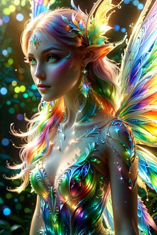 An amazing hybrid of fairy/alien/elf, fairies are extremely beautiful: the entire palette is dominated by rainbow tones. light and shadow. whole body.
An extremely beautiful masterpiece, 8K