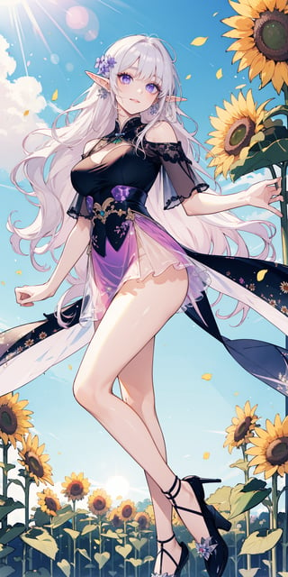 (Masterpiece, best quality, high resolution: 1.3), super-resolution image, (1girl), (solo), like a Korean supermodel, head to body ratio 1;8, as bright and detailed as black silk, like real human hair Big wavy pink shiny long hair, elf, bright purple eyes, dark purple eyelashes, long and dense, {{{enhance face close-up}}} breeze, sunflower group, sunflower field, petals, Sparkling magic, (soft sunlight: 1.3), fantasy, natural accessories, happiness in front of a group of sunflowers, doing various wonderful poses of Korean female supermodels, wearing various elven looks all over their bodies. The flower fairy's light skirt has a sense of perspective, and her feet are also wearing female elf shoes (see-through) to show the light and shadow.