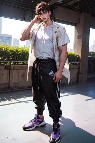 A boy faces the camera head-on, with thick eyebrows, large purple-brown eyes (eyelashes are very long and dense), and healthy wheat-colored skin. (See through) He has chest muscles and a body proportion of 1:8. His clothes were changed to a white T-shirt and camouflage trousers. He tied a black jacket around his waist and wore basketball shoes. He is 183 cm tall and weighs 75 kg. He danced hip-hop in front of the 101 Building Square. The background is Taipei City's 101 Building (distant view) depth of field.


