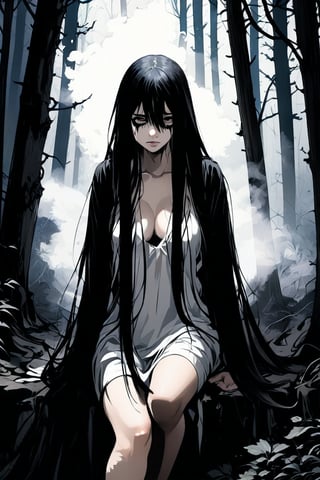 (The Ethereal Dark Story by Tim Searle), young anime yuri girl with hazel eyes, black over white smoke layer, long straight black hair covering one eye, long black hair, wearing loose pure white Cotton pajamas, hair covering eyes, pale skin, bare feet, dynamic pose in dark forest, dark + gothic, + foreboding background: 1.4), more details XL, dark halo, anime style, black and white ink splash design . A masterpiece, cinematography of the highest order. Official art.