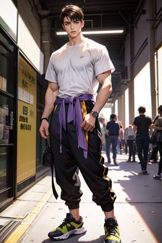 A boy faces the camera head-on, with thick eyebrows, large purple-brown eyes (eyelashes are very long and dense), and healthy wheat-colored skin. (See through) He has chest muscles and a body proportion of 1:8. His clothes were changed to a white T-shirt and camouflage trousers. He tied a black jacket around his waist and wore basketball shoes. He is 183 cm tall and weighs 75 kg. He danced hip-hop in front of the 101 Building Square. The background is Taipei City's 101 Building (distant view) depth of field.


