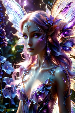 A stunning fairy/alien hybrid, Fairy is extremely beautiful: the entire palette is dominated by purple tones. light and shadow.
Masterpiece, 8K