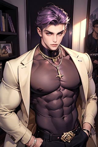 A boy is facing the camera, with thick eyebrows, big purple-brown eyes (eyelashes are long and dense), and healthy wheat-colored skin. (see through) He has chest muscles and his hair color is purple and black. His clothes are always fashionable and fashionable. He is 183 cm tall and weighs 75 kg. Light and Shadow (Vision).