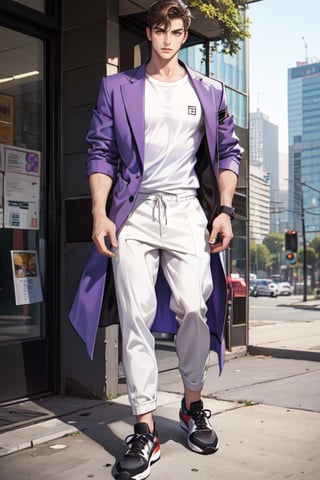 A boy faces the camera head-on, with thick eyebrows, large purple-brown eyes (eyelashes are very long and dense), and healthy wheat-colored skin. (See through) He has chest muscles, his hair color is purple and black (Change) His body proportion is 1:8, his clothes were changed to a white T-shirt and camouflage trousers. He tied a black jacket around his waist and wore basketball shoes. He is 183 cm tall and weighs 75 kg. He danced hip-hop in front of the 101 Building Square. The background is a distant view, the depth of field of the 101 Building in Taipei City (far view).
