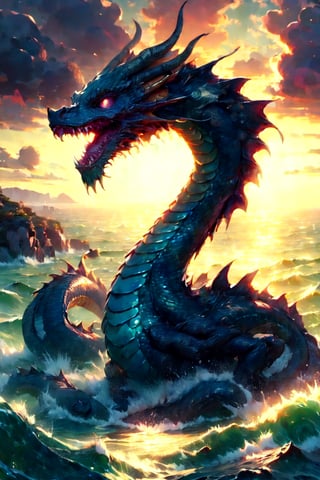 A stunningly beautiful woman with an air of elegance, riding astride a mythical Leviathan creature. The scene is set in a vast, shimmering ocean, with the sun setting in the background, casting a golden glow over the water. The Leviathan, with its massive, serpentine body, glides gracefully through the waves. The woman, dressed in a flowing, regal outfit, holds onto the creature with confidence and poise. The composition focuses on the dynamic interaction between the rider and the mythical beast, framed with the expansive ocean and the dramatic sunset lighting.