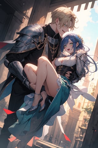 (Masterpiece, best quality, high resolution: 1.1), super-res image, male, female, couple, fantasy, official art, illustration, dynamic angle, knight, rainbow, manga, painting, mutual gaze, full body. The female has large green eyes with long, thick eyelashes. The male has large blue eyes with long and dense eyelashes. This is a story about a couple who are in love and are so sweet that they love each other to the point of being filled with anger. Every scene is full of joy and laughter.