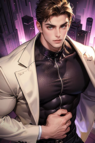 A boy is facing the camera, with thick eyebrows, big purple-brown eyes (eyelashes are long and dense), and healthy wheat-colored skin. (see through) He has chest muscles and his hair color is purple and black. His clothes are always fashionable and fashionable. He is 183 cm tall and weighs 75 kg. Light and Shadow (Vision).