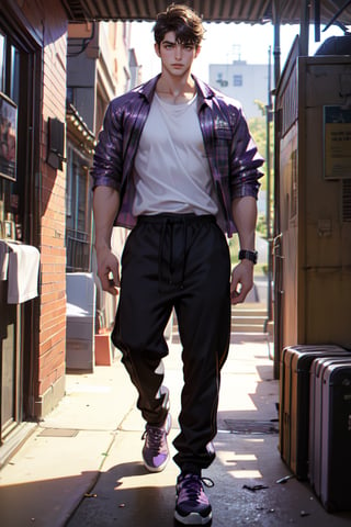 A boy faces the camera head-on, with thick eyebrows, large purple-brown eyes (eyelashes are very long and dense), and healthy wheat-colored skin. (See through) He has chest muscles, his hair color is purple and black (Change) His body proportion is 1:8, his clothes were changed to a white T-shirt and camouflage trousers. He tied a black jacket around his waist and wore basketball shoes. He is 183 cm tall and weighs 75 kg. He danced hip-hop in front of the 101 Building Square. The background is a distant view, the depth of field of the 101 Building in Taipei City (far view).
