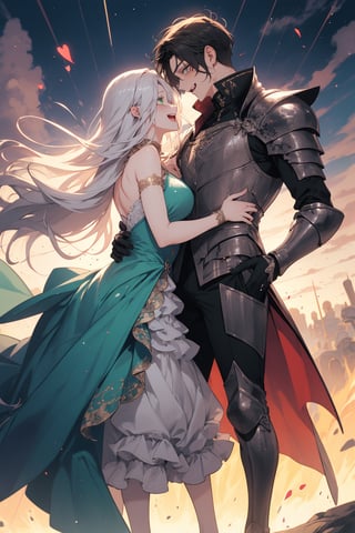 (Masterpiece, best quality, high resolution: 1.1), super-res image, male, female, couple, fantasy, official art, illustration, dynamic angle, knight, rainbow, manga, painting, mutual gaze, full body. The female has large green eyes with long, thick eyelashes. The male has large blue eyes with long and dense eyelashes. This is a story about a couple who are in love and are so sweet that they love each other to the point of being filled with anger. Every scene is full of joy and laughter.