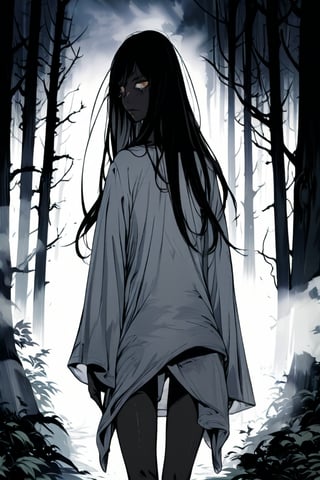 (The Ethereal Dark Story by Tim Searle), young anime yuri girl with hazel eyes, black over white smoke layer, long straight black hair covering one eye, long black hair, wearing loose pure white Cotton pajamas, hair covering eyes, pale skin, bare feet, dynamic pose in dark forest, dark + gothic, + foreboding background: 1.4), more details XL, dark halo, anime style, black and white ink splash design . A masterpiece, cinematography of the highest order. Official art.