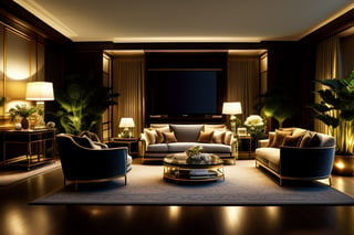 A luxurious indoor design scene featuring a grand room with elegant furniture. Include a plush bed with bedside tables, a comfortable sofa adorned with decorative pillows, a stylish lamp, lush potted plants, a large flat-screen TV, and a sophisticated tea table. The lighting should create a warm, inviting atmosphere, highlighting the rich textures and fine details of the furnishings. Composition should be balanced, capturing a serene yet opulent ambiance. High-quality, official art style, showcasing meticulous attention to detail and perfect execution.