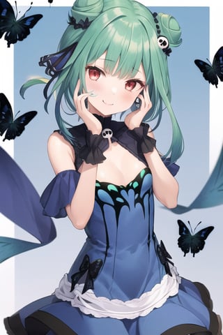 1girl, bare shoulders, colored inner hair, earrings, eyeliner, green hair, long hair, looking at viewer, low ponytail, makeup, small breasts, multicolored hair,red eyeliner, sleeveless, female_solo, red eyes, blue dress, blue hair, blue ribbon, butterfly print, cleavage cutout, clothing cutout, colored tips, detached sleeves, double bun, dress, fang, hair bun, hair ornament, hair ribbon, jewelry, skull hair ornament, ribbon, small smile,uruha rushia, hd, masterpiece, anime wallpaper, perfect hand, hands on own cheeks, hands on own face, 