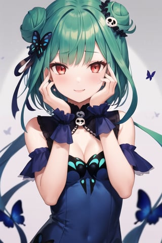 1girl, bare shoulders, colored inner hair, earrings, eyeliner, green hair, long hair, looking at viewer, low ponytail, makeup, small breasts, multicolored hair,red eyeliner, sleeveless, female_solo, red eyes, blue dress, blue hair, blue ribbon, butterfly print, cleavage cutout, clothing cutout, colored tips, detached sleeves, double bun, dress, fang, hair bun, hair ornament, hair ribbon, jewelry, skull hair ornament, ribbon, small smile,uruha rushia, hd, masterpiece, anime wallpaper, perfect hand, hands on own cheeks, hands on own face, 