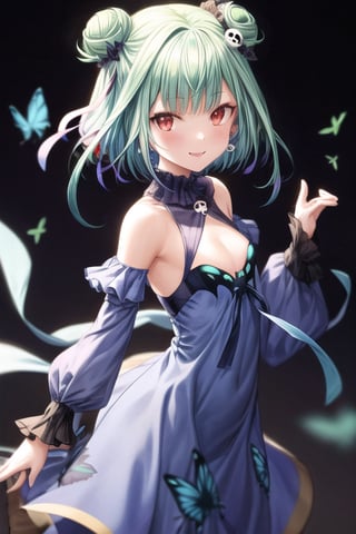 1girl, bare shoulders, colored inner hair, earrings, eyeliner, green hair, long hair, looking at viewer, low ponytail, makeup, small breasts, multicolored hair,red eyeliner, sleeveless, female_solo, red eyes, blue dress, blue hair, blue ribbon, butterfly print, cleavage cutout, clothing cutout, colored tips, detached sleeves, double bun, dress, fang, hair bun, hair ornament, hair ribbon, jewelry, skull hair ornament, ribbon, small smile,uruha rushia, hd, masterpiece, anime wallpaper, perfect hand, 