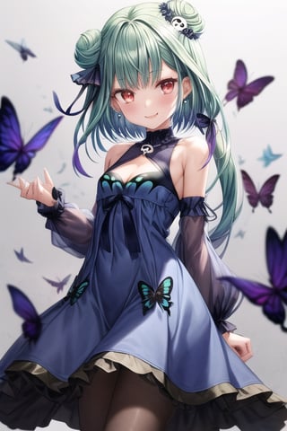 1girl, bare shoulders, colored inner hair, earrings, eyeliner, green hair, long hair, looking at viewer, low ponytail, makeup, small breasts, multicolored hair,red eyeliner, sleeveless, female_solo, red eyes, blue dress, blue hair, blue ribbon, butterfly print, cleavage cutout, clothing cutout, colored tips, detached sleeves, double bun, dress, fang, hair bun, hair ornament, hair ribbon, jewelry, skull hair ornament, ribbon, small smile,uruha rushia, hd, masterpiece, anime wallpaper, perfect hand, 